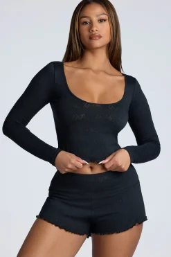Oh Polly Women'S Clothing Sale - $65 And Under | Women'S Clothing Sale - $40 And Under^Long Sleeve Scoop Neck Pointelle Crop Top in Black