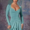 Oh Polly Women'S Clothing Sale - $65 And Under | Women'S Clothing Sale - $40 And Under^Long Sleeve Waterfall Skirt Mini Dress in Light Teal LightTeal