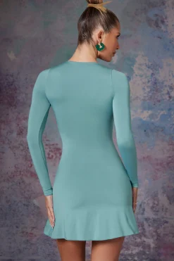 Oh Polly Women'S Clothing Sale - $65 And Under | Women'S Clothing Sale - $40 And Under^Long Sleeve Waterfall Skirt Mini Dress in Light Teal LightTeal