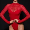 Oh Polly Tops^Long-Sleeve Warp-Knit Bodysuit in Fire Red FireRed