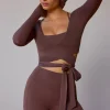 Oh Polly Tops | Tops^Long-Sleeve Wrap Crop Top in Taupe Brown TaupeBrown