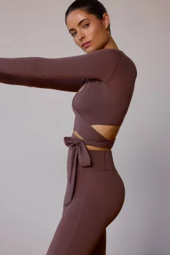 Oh Polly Tops | Tops^Long-Sleeve Wrap Crop Top in Taupe Brown TaupeBrown