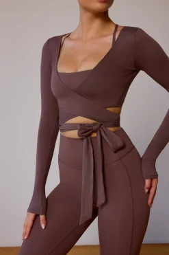 Oh Polly Tops | Tops^Long-Sleeve Wrap Crop Top in Taupe Brown TaupeBrown