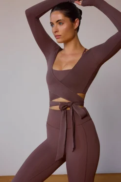 Oh Polly Tops | Tops^Long-Sleeve Wrap Crop Top in Taupe Brown TaupeBrown
