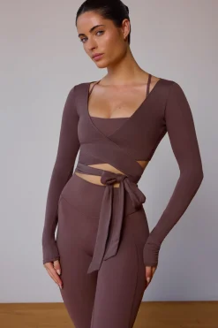 Oh Polly Tops | Tops^Long-Sleeve Wrap Crop Top in Taupe Brown TaupeBrown