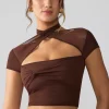 Oh Polly Tops^Mesh Cap Sleeve Cut Out Crop Top in Espresso