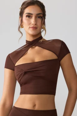 Oh Polly Tops^Mesh Cap Sleeve Cut Out Crop Top in Espresso