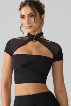 Oh Polly Tops | Fall Outfits^Mesh Cap Sleeve Cut Out Crop Top in Black