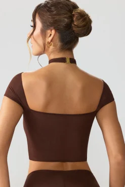 Oh Polly Tops^Mesh Cap Sleeve Cut Out Crop Top in Espresso