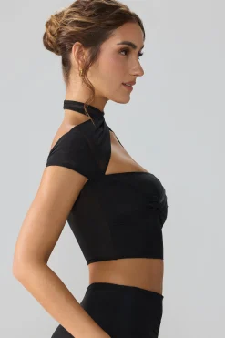 Oh Polly Tops | Fall Outfits^Mesh Cap Sleeve Cut Out Crop Top in Black