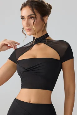 Oh Polly Tops | Fall Outfits^Mesh Cap Sleeve Cut Out Crop Top in Black