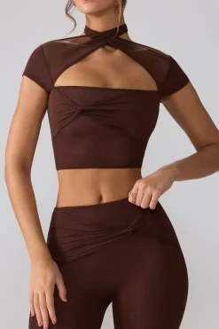 Oh Polly Tops^Mesh Cap Sleeve Cut Out Crop Top in Espresso