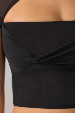 Oh Polly Tops | Fall Outfits^Mesh Cap Sleeve Cut Out Crop Top in Black