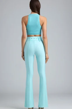 Oh Polly Women'S Clothing Sale - $65 And Under | Women'S Clothing Sale - $40 And Under^Metallic Belted Mid-Rise Flared Trousers in Ice Blue IceBlue