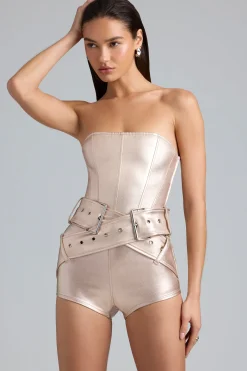 Oh Polly Women'S Clothing Sale - $65 And Under^Metallic Denim Belted Corset Playsuit in Champagne