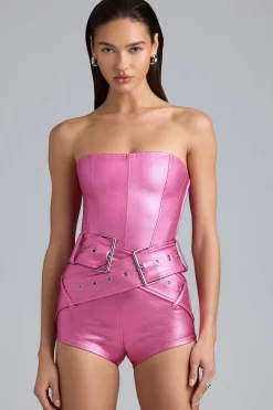 Oh Polly Women'S Clothing Sale - $65 And Under^Metallic Denim Belted Corset Playsuit in Deep Pink DeepPink