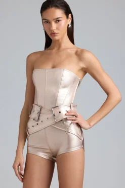 Oh Polly Women'S Clothing Sale - $65 And Under^Metallic Denim Belted Corset Playsuit in Champagne