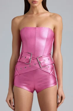 Oh Polly Women'S Clothing Sale - $65 And Under^Metallic Denim Belted Corset Playsuit in Deep Pink DeepPink