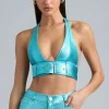Oh Polly Co-Ords | Tops^Metallic Denim Belted Crop Top in Aqua
