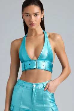 Oh Polly Co-Ords | Tops^Metallic Denim Belted Crop Top in Aqua