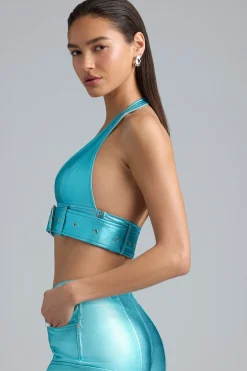 Oh Polly Co-Ords | Tops^Metallic Denim Belted Crop Top in Aqua