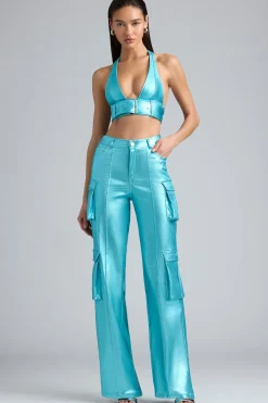Oh Polly Co-Ords | Tops^Metallic Denim Belted Crop Top in Aqua