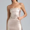 Oh Polly Women'S Clothing Sale - $65 And Under^Metallic Denim Belted Strapless Mini Dress in Champagne