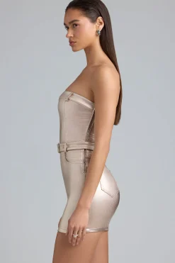 Oh Polly Women'S Clothing Sale - $65 And Under^Metallic Denim Belted Strapless Mini Dress in Champagne