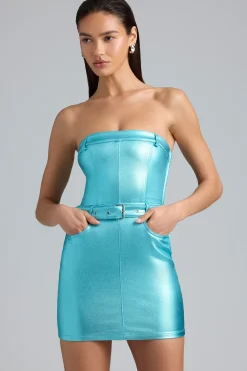Oh Polly Women'S Clothing Sale - $65 And Under^Metallic Denim Belted Strapless Mini Dress in Aqua