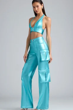 Oh Polly Women'S Clothing Sale - $65 And Under^Metallic Denim Cargo Trousers in Aqua