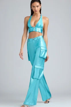 Oh Polly Women'S Clothing Sale - $65 And Under^Metallic Denim Cargo Trousers in Aqua