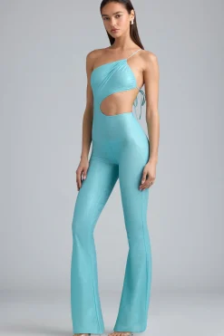 Oh Polly Women'S Clothing Sale - $65 And Under | Women'S Clothing Sale - $40 And Under^Metallic Ruched Cut-Out Flared Jumpsuit in Ice Blue IceBlue