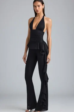 Oh Polly Women'S Clothing Sale - $65 And Under | Women'S Clothing Sale - $40 And Under^Metallic Ruffle Low-Rise Flared Trousers in Black