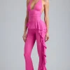 Oh Polly Women'S Clothing Sale - $65 And Under^Metallic Ruffle Low-Rise Flared Trousers in Bubblegum Pink BubblegumPink