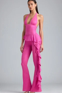Oh Polly Women'S Clothing Sale - $65 And Under^Metallic Ruffle Low-Rise Flared Trousers in Bubblegum Pink BubblegumPink