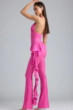Oh Polly Women'S Clothing Sale - $65 And Under^Metallic Ruffle Low-Rise Flared Trousers in Bubblegum Pink BubblegumPink