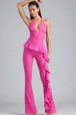 Oh Polly Women'S Clothing Sale - $65 And Under^Metallic Ruffle Low-Rise Flared Trousers in Bubblegum Pink BubblegumPink