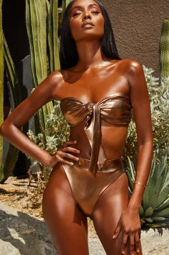 Oh Polly Women'S Clothing Sale - $65 And Under | Women'S Clothing Sale - $40 And Under^Metallic Tie Front Bandeau Bikini Top in Bronze