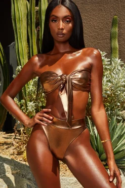 Oh Polly Women'S Clothing Sale - $65 And Under | Women'S Clothing Sale - $40 And Under^Metallic Tie Front Bandeau Bikini Top in Bronze