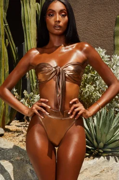 Oh Polly Women'S Clothing Sale - $65 And Under | Women'S Clothing Sale - $40 And Under^Metallic Tie Front Bandeau Bikini Top in Bronze