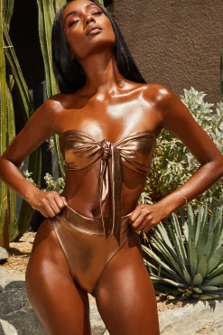 Oh Polly Women'S Clothing Sale - $65 And Under | Women'S Clothing Sale - $40 And Under^Metallic Tie Front Bandeau Bikini Top in Bronze
