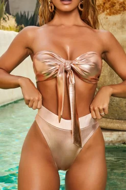 Oh Polly Women'S Clothing Sale - $65 And Under | Women'S Clothing Sale - $40 And Under^Metallic Tie Front Bandeau Bikini Top in Rose Gold