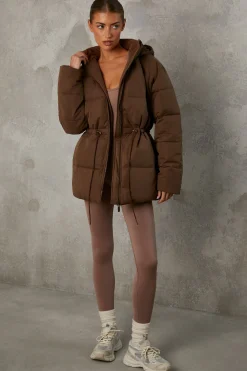 Oh Polly Coats^Mid Length Hooded Puffer Coat in Cocoa Brown CocoaBrown