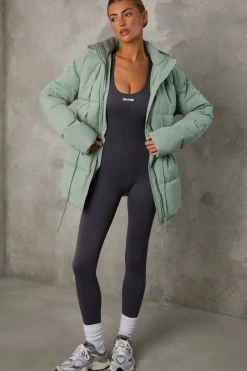 Oh Polly Coats^Mid Length Hooded Puffer Coat in Iceberg Green IcebergGreen