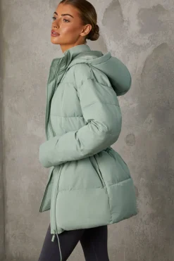 Oh Polly Coats^Mid Length Hooded Puffer Coat in Iceberg Green IcebergGreen