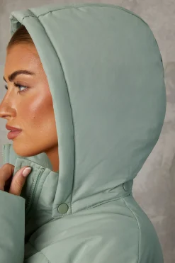 Oh Polly Coats^Mid Length Hooded Puffer Coat in Iceberg Green IcebergGreen