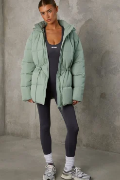 Oh Polly Coats^Mid Length Hooded Puffer Coat in Iceberg Green IcebergGreen