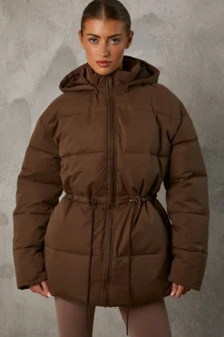 Oh Polly Coats^Mid Length Hooded Puffer Coat in Cocoa Brown CocoaBrown