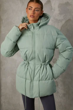 Oh Polly Coats^Mid Length Hooded Puffer Coat in Iceberg Green IcebergGreen