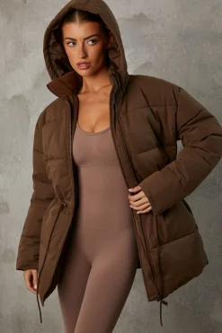 Oh Polly Coats^Mid Length Hooded Puffer Coat in Cocoa Brown CocoaBrown